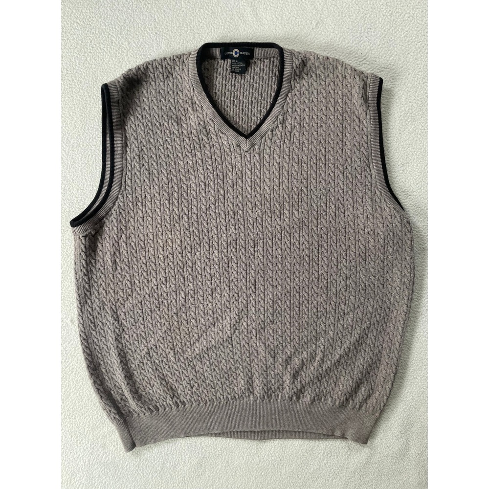 Cotton Traders Mens Large Sweater Vest Taupe Cable Knit V-Neck Cotton Trimmed